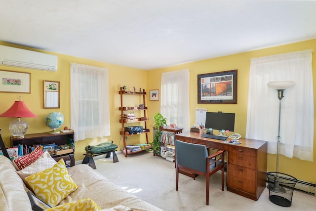 office area featuring a baseboard heating unit, an AC wall unit, and carpet floors