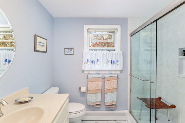 bathroom featuring baseboard heating, a shower stall, toilet, and vanity