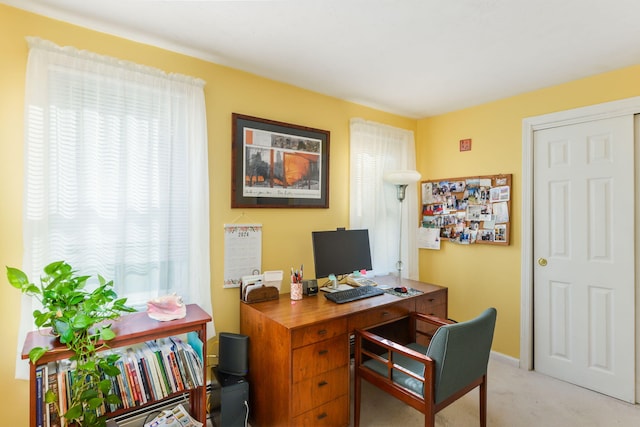 home office with light colored carpet