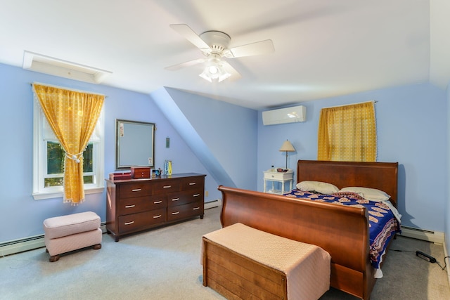 bedroom featuring ceiling fan, an AC wall unit, baseboard heating, and light carpet