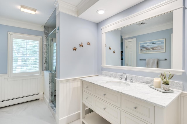 335 Falmouth Woods Rd, East Falmouth, MA 02536 - bathroom featuring a baseboard heating unit, a wainscoted wall, vanity, a marble finish shower, and ornamental molding