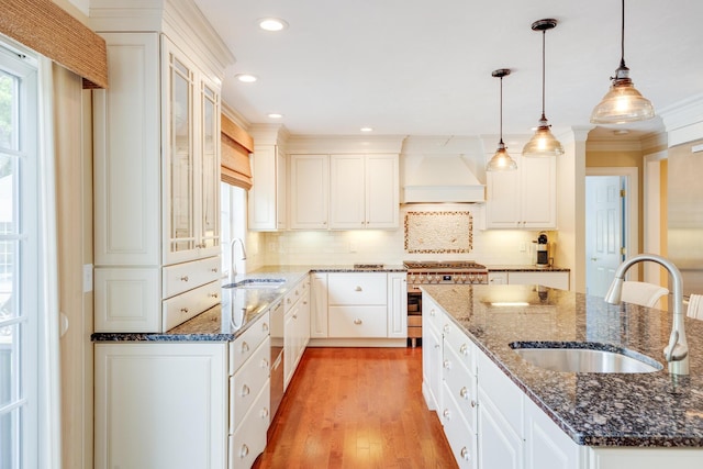 335 Falmouth Woods Rd, East Falmouth, MA 02536 - kitchen featuring stainless steel stove, premium range hood, backsplash, pendant lighting, and light wood-style floors