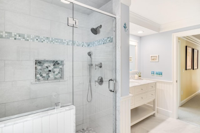 335 Falmouth Woods Rd, East Falmouth, MA 02536 - full bathroom featuring ornamental molding, radiator heating unit, a stall shower, wainscoting, and vanity