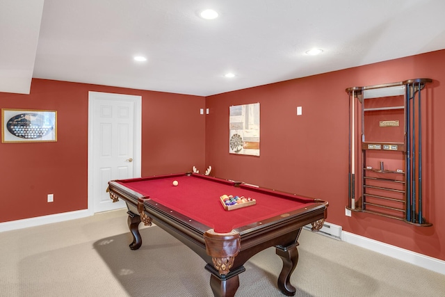 335 Falmouth Woods Rd, East Falmouth, MA 02536 - game room featuring carpet flooring, recessed lighting, billiards table, and baseboard heating
