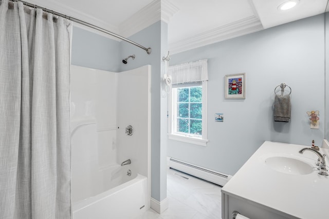 335 Falmouth Woods Rd, East Falmouth, MA 02536 - bathroom featuring a baseboard heating unit, shower / tub combo, vanity, recessed lighting, and ornamental molding