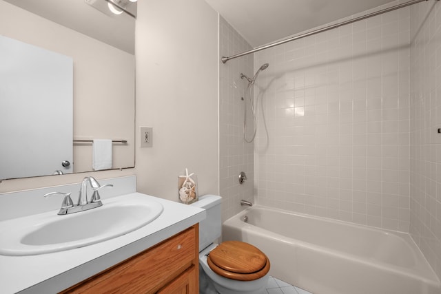 full bathroom with bathing tub / shower combination, vanity, and toilet