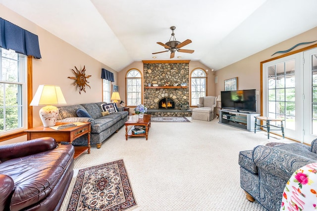 30 Monomessat Way, Chatham, MA 02633 - living area featuring ceiling fan, carpet floors, vaulted ceiling, and a fireplace