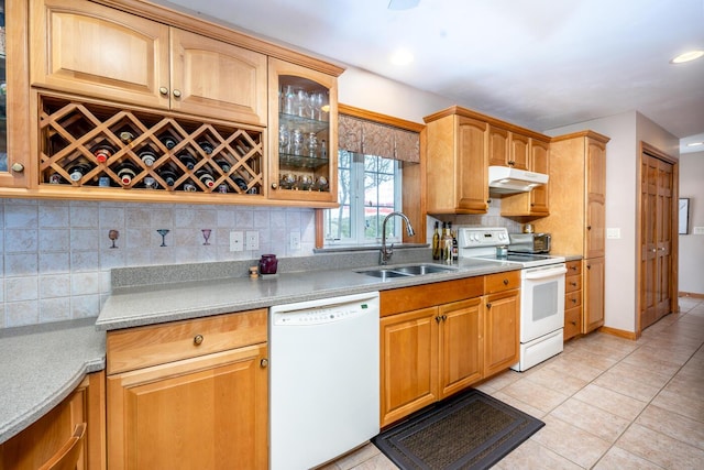 30 Monomessat Way, Chatham, MA 02633 - kitchen featuring white appliances, a sink, under cabinet range hood, glass insert cabinets, and backsplash