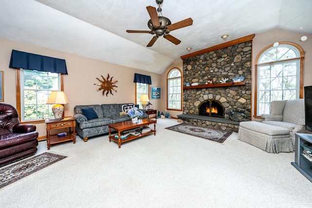 30 Monomessat Way, Chatham, MA 02633 - living area featuring vaulted ceiling, carpet floors, healthy amount of natural light, and ceiling fan