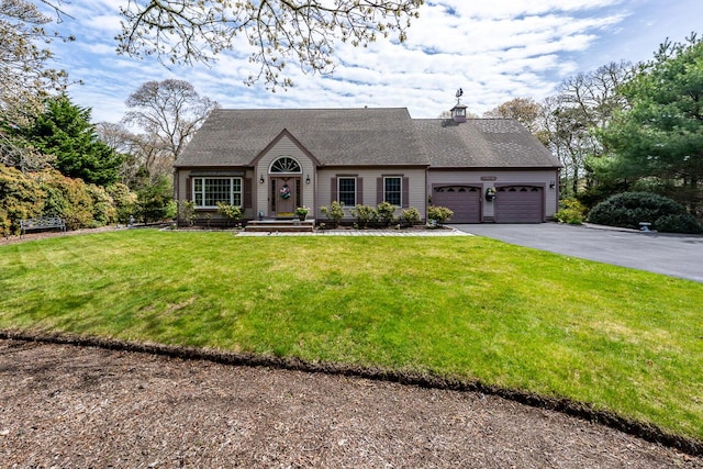 30 Monomessat Way, Chatham, MA 02633 - view of front of home featuring driveway, a garage, a front lawn, a shingled roof, and a chimney