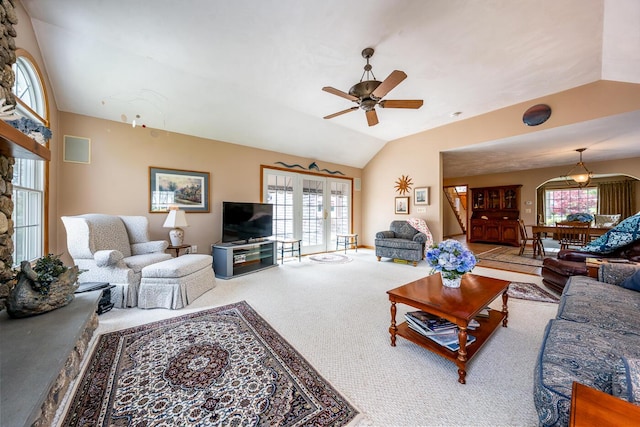 30 Monomessat Way, Chatham, MA 02633 - living area featuring lofted ceiling, carpet floors, healthy amount of natural light, and ceiling fan