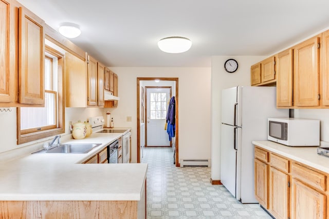79 Pinewood Cir, Wellfleet, MA 02667 - kitchen with a baseboard heating unit, white appliances, light brown cabinetry, a sink, and light floors