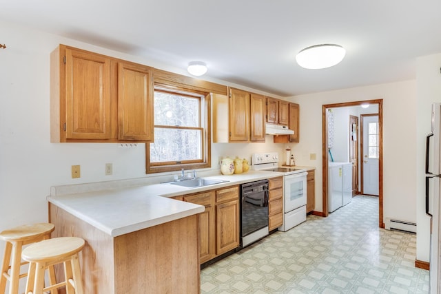 79 Pinewood Cir, Wellfleet, MA 02667 - kitchen featuring dishwasher, baseboard heating, under cabinet range hood, a sink, and white range with electric cooktop
