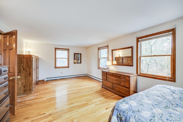 79 Pinewood Cir, Wellfleet, MA 02667 - bedroom with light wood-style flooring, a baseboard heating unit, and baseboard heating