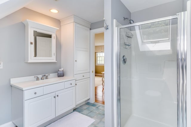 86 Champlain Rd, Chatham, MA 02633 - full bathroom featuring a shower stall, vanity, and recessed lighting