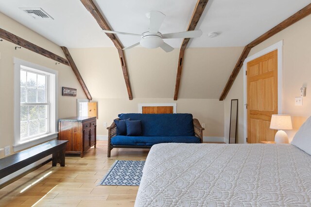 bedroom with light wood-style flooring and ceiling fan