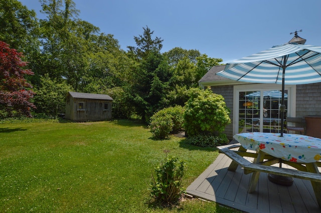 110 Teaticket Path, East Falmouth, MA 02536 - view of green lawn featuring a storage shed, a deck, and outdoor dining space