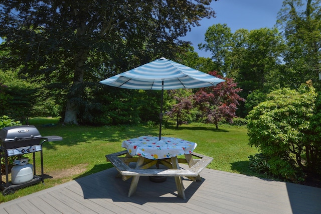 110 Teaticket Path, East Falmouth, MA 02536 - wooden deck featuring a grill, a yard, and outdoor dining space