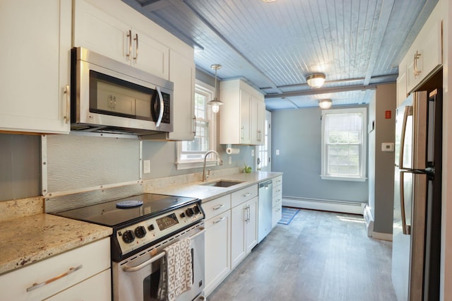 110 Teaticket Path, East Falmouth, MA 02536 - kitchen featuring stainless steel appliances, a baseboard radiator, white cabinets, light wood-style flooring, and wooden ceiling