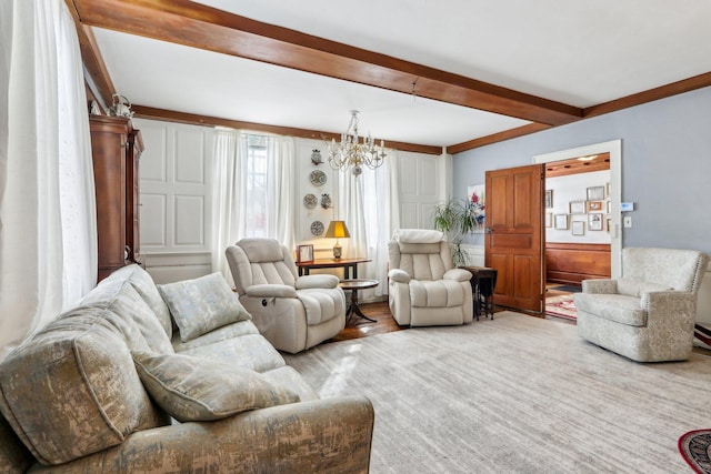 100 Eliot St, Natick, MA 01760 - living room with beamed ceiling and a chandelier