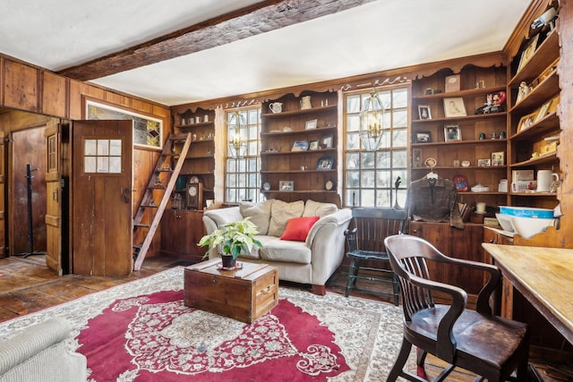 100 Eliot St, Natick, MA 01760 - living area with beam ceiling, wooden walls, and built in features