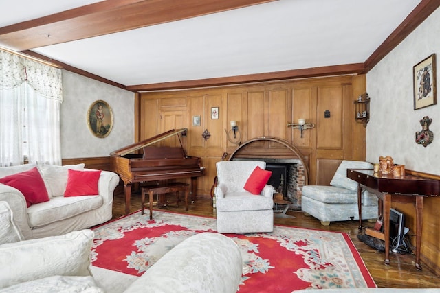 100 Eliot St, Natick, MA 01760 - living room featuring dark wood-type flooring, a fireplace, and crown molding