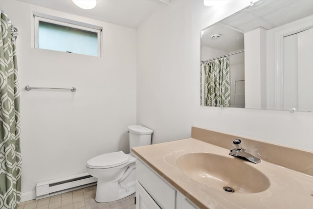 31 John Joseph Rd, Harwich, MA 02645 - bathroom featuring baseboard heating, vanity, tile patterned floors, and a shower with curtain
