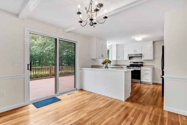 31 John Joseph Rd, Harwich, MA 02645 - kitchen featuring stainless steel range, under cabinet range hood, beam ceiling, light wood-style flooring, and a chandelier