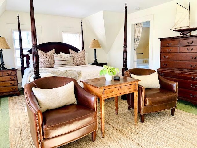 bedroom featuring vaulted ceiling