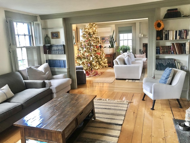 living room with an AC wall unit, a healthy amount of sunlight, and light wood-type flooring