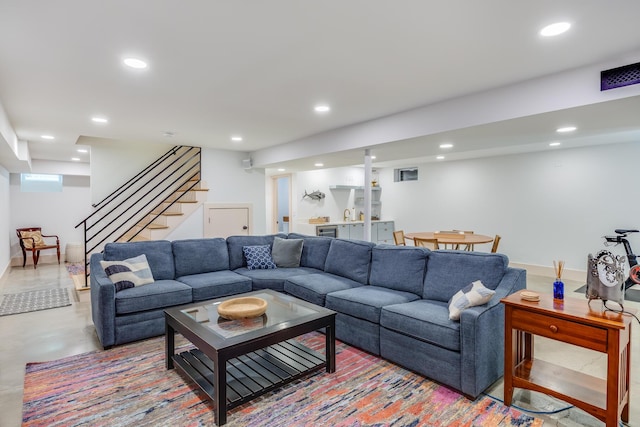 2016 Main St, Chatham, MA 02633 - living area featuring stairway, recessed lighting, bar, and concrete flooring