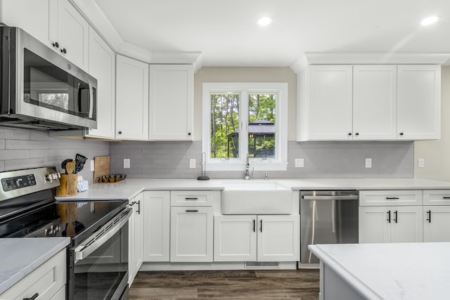 218 Center St, South Dennis, MA 02660 - kitchen featuring stainless steel appliances, a sink, dark wood-type flooring, recessed lighting, and backsplash