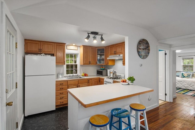 18 Boulder Rd, Brewster, MA 02631 - kitchen with white appliances, under cabinet range hood, a sink, light countertops, and brown cabinetry