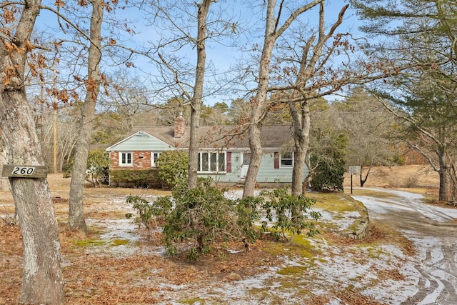 view of front of property featuring driveway and a chimney