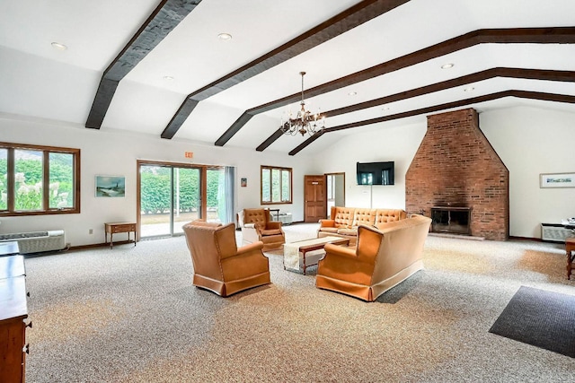 carpeted living area featuring vaulted ceiling with beams, recessed lighting, a notable chandelier, and a fireplace
