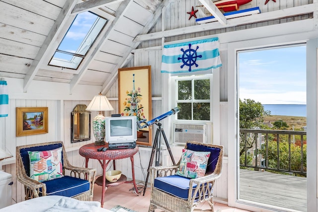 sunroom / solarium featuring wooden ceiling, vaulted ceiling with skylight, and cooling unit