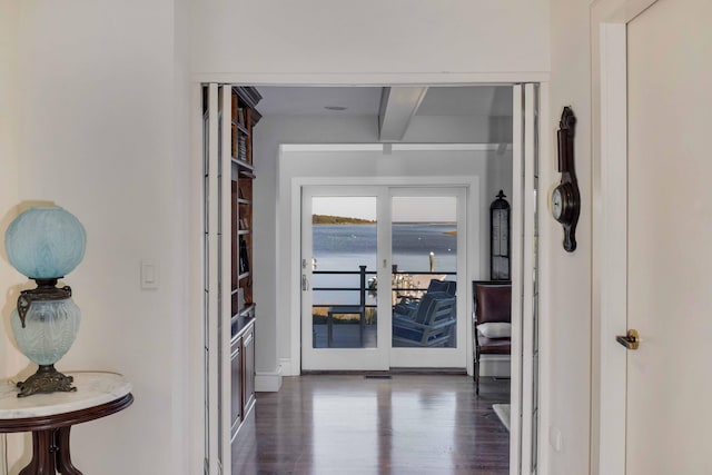 169 Daniels Island Rd, Mashpee, MA 02649 - hall with beamed ceiling, wood finished floors, and a water view