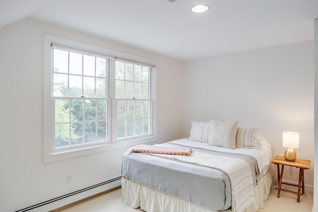 bedroom featuring a baseboard heating unit, recessed lighting, light carpet, and lofted ceiling