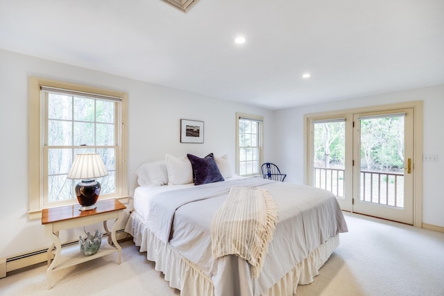 bedroom featuring access to exterior, recessed lighting, and light carpet
