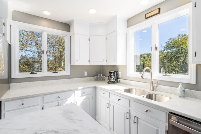 kitchen with white cabinets, stainless steel dishwasher, and sink