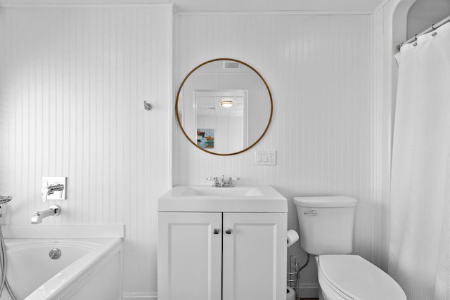 bathroom with curtained shower, toilet, vanity, and a tub