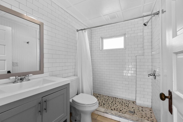 full bathroom featuring toilet, vanity, and a tile shower