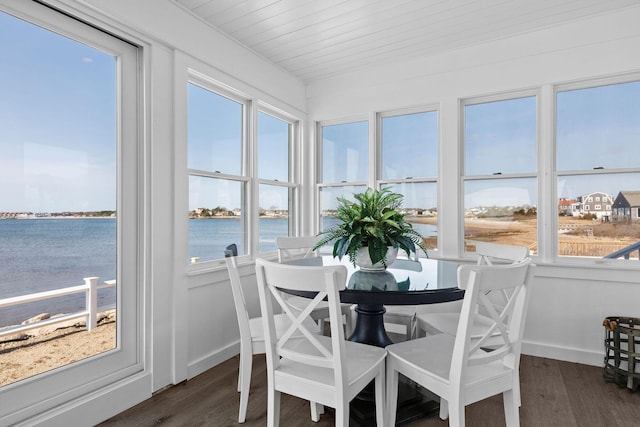 sunroom with wood finished floors, a water view, and a wealth of natural light