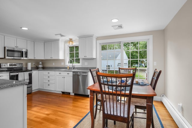 69 Joan Rd, Centerville, MA 02632 - kitchen featuring stainless steel appliances, a baseboard radiator, light wood-style flooring, white cabinets, and recessed lighting