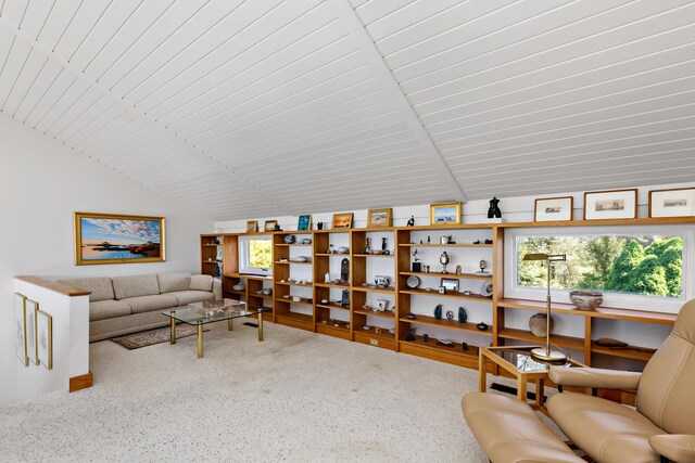 15 Hidden Valley Way, Wellfleet, MA 02667 - carpeted living room featuring vaulted ceiling, healthy amount of natural light, and wood ceiling