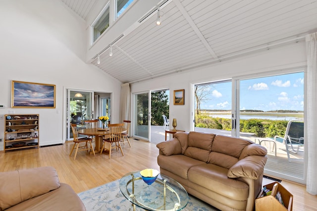 15 Hidden Valley Way, Wellfleet, MA 02667 - living area with rail lighting, light wood finished floors, high vaulted ceiling, and a water view