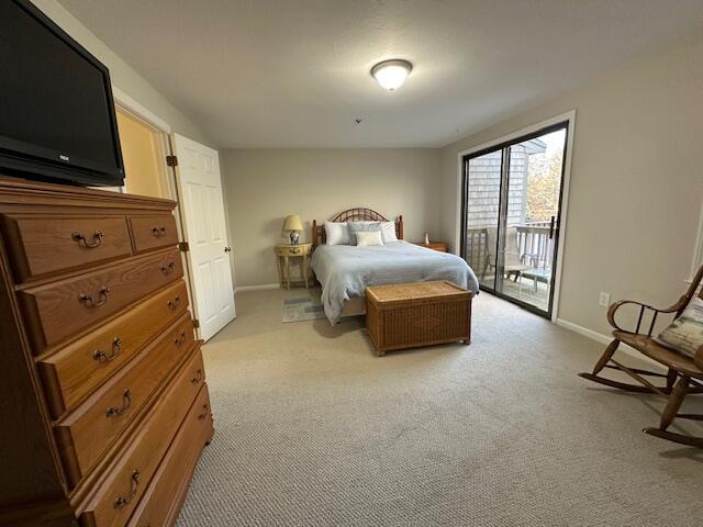 bedroom featuring access to outside and light colored carpet