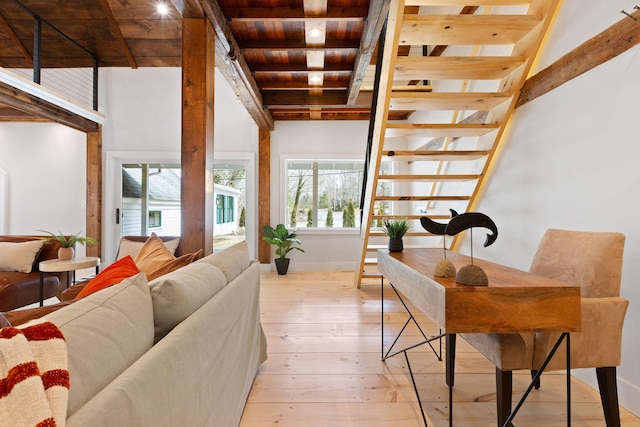 540 S Orleans Rd, Orleans, MA 02653 - living area featuring wooden ceiling, beamed ceiling, and light wood-style flooring