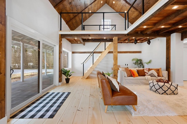 540 S Orleans Rd, Orleans, MA 02653 - living area featuring wooden ceiling, stairs, hardwood / wood-style floors, beam ceiling, and high vaulted ceiling