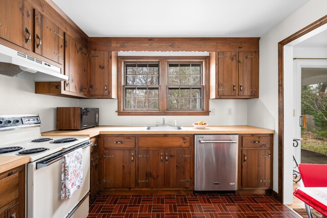 kitchen featuring white electric range, stainless steel dishwasher, a sink, black microwave, and under cabinet range hood
